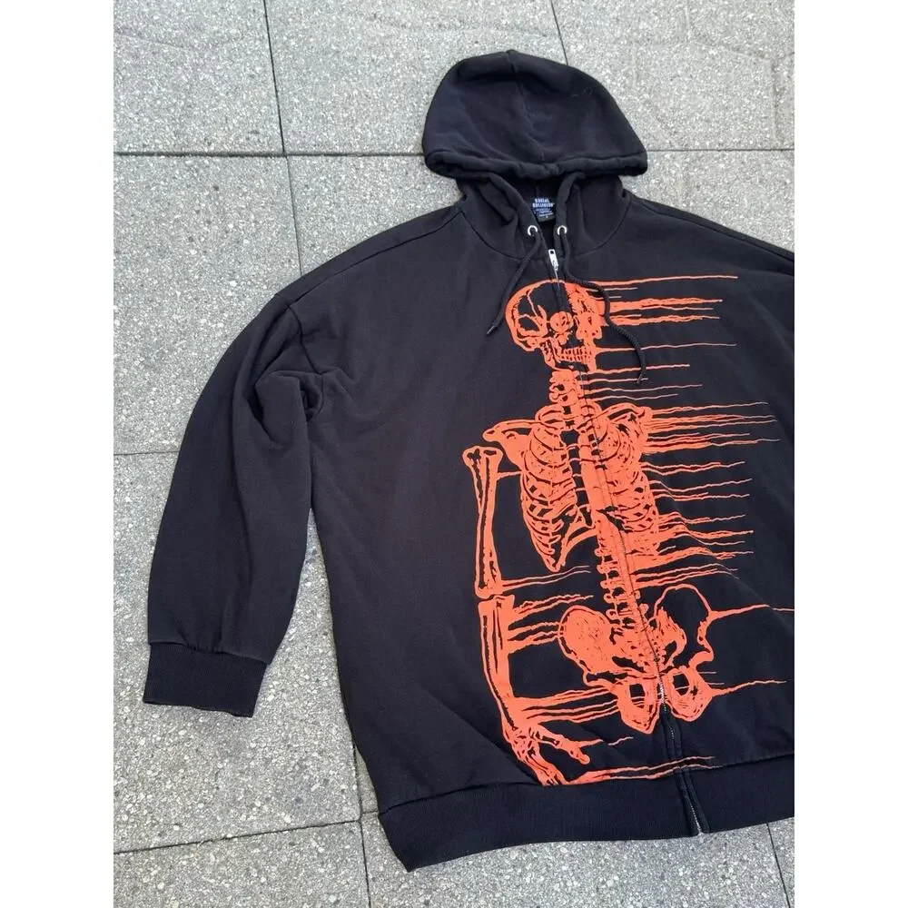 Social Collision Skeleton Zip Up Hoodie 2XL Black Orange Goth Grunge Emo Punk